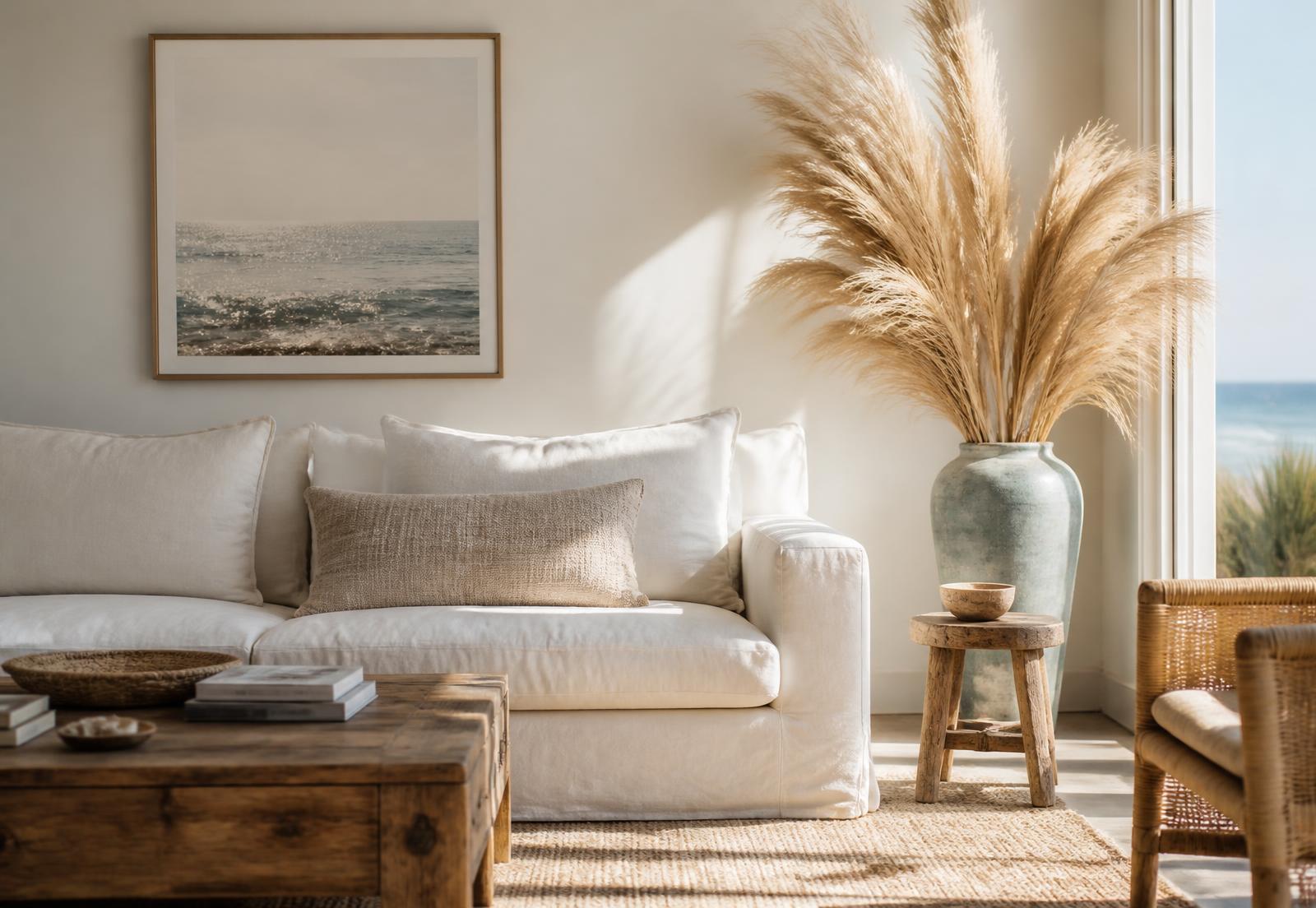 Sunlit coastal living room with linen sofa and sea glass vase